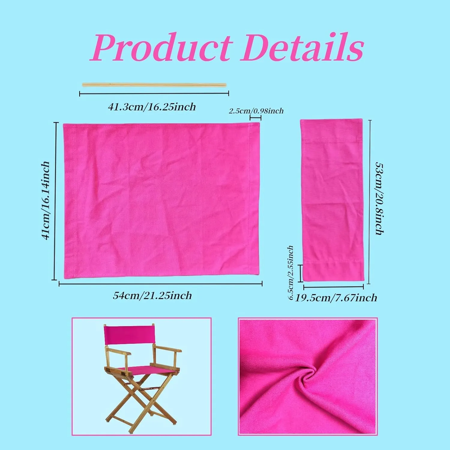 1 Set Director Chair Canvas Replacement with Wood Stick,21.2" L x 16.1" W Portable Replacement Cover Canvas for Directors Chair,Casual Home Director Chair Replacement Canvas (Rose Red)