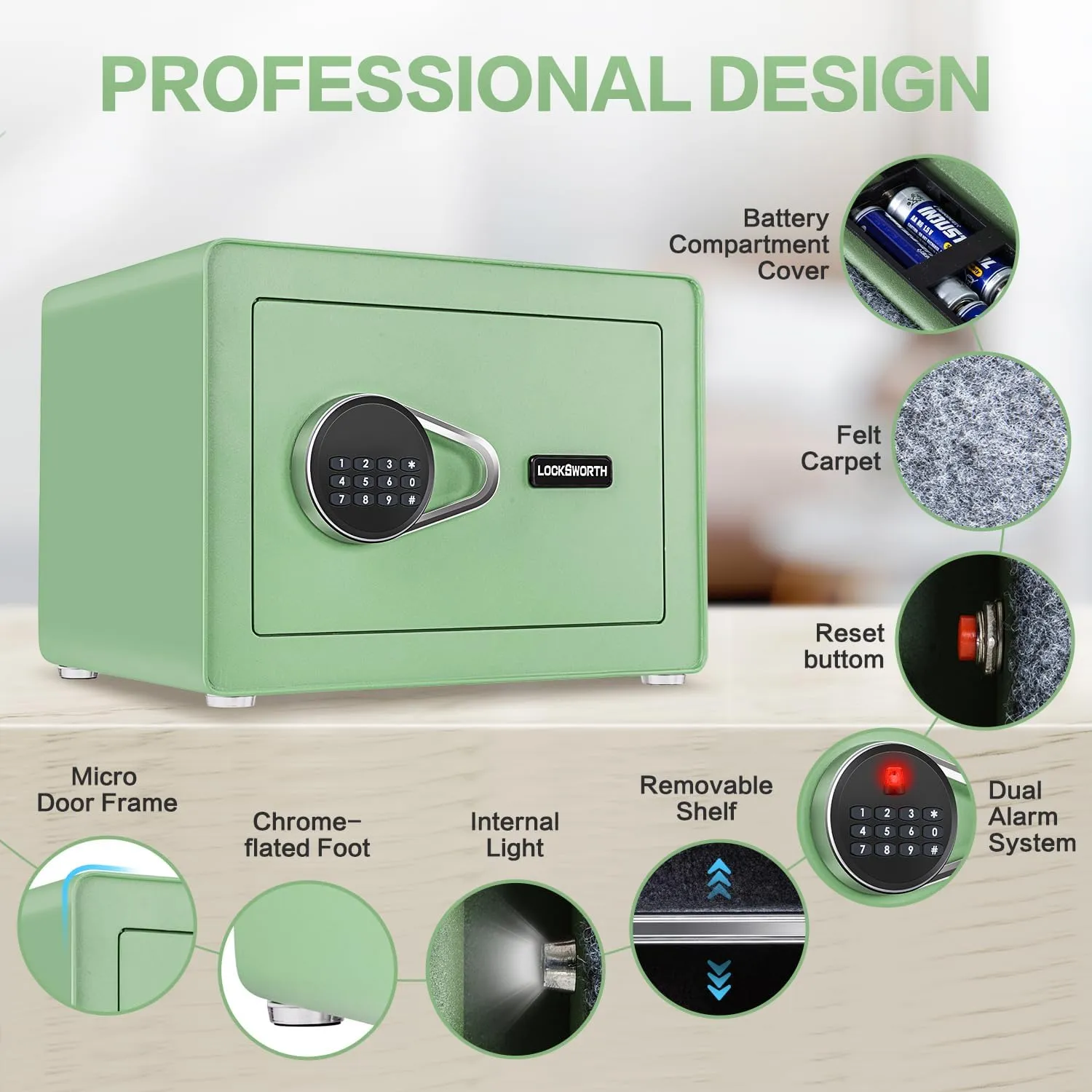 1.0 Cubic Feet Safe Box, Small Safe W/Fireproof Bag, Removable Shelf, Alarm System, Digital Electronic Security Money Box for Cash, Document, Home,Office, Hotel Use, Green，9.84"D x 13.78"W x 9.84"H
