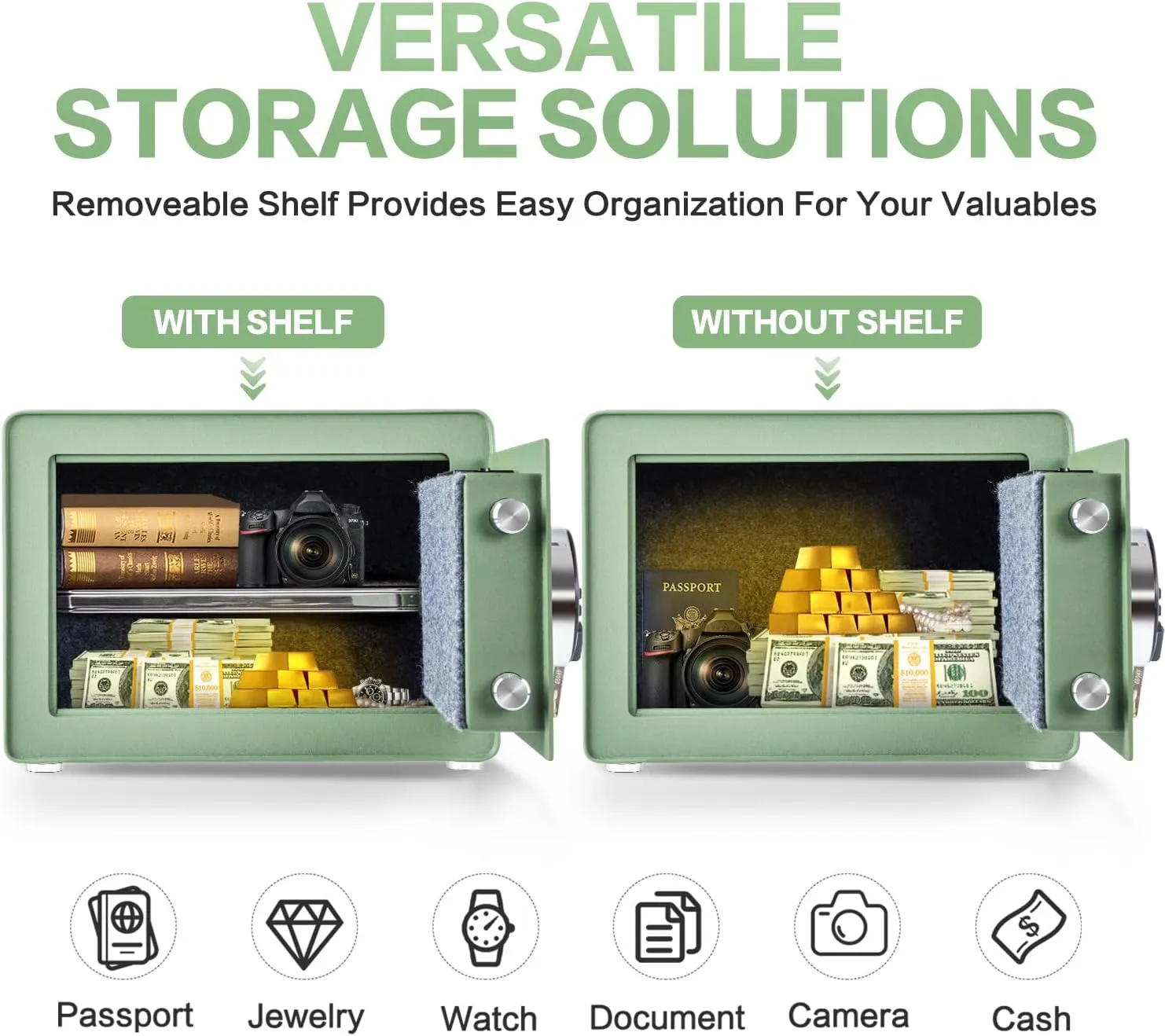 1.0 Cubic Feet Safe Box, Small Safe W/Fireproof Bag, Removable Shelf, Alarm System, Digital Electronic Security Money Box for Cash, Document, Home,Office, Hotel Use, Green，9.84"D x 13.78"W x 9.84"H