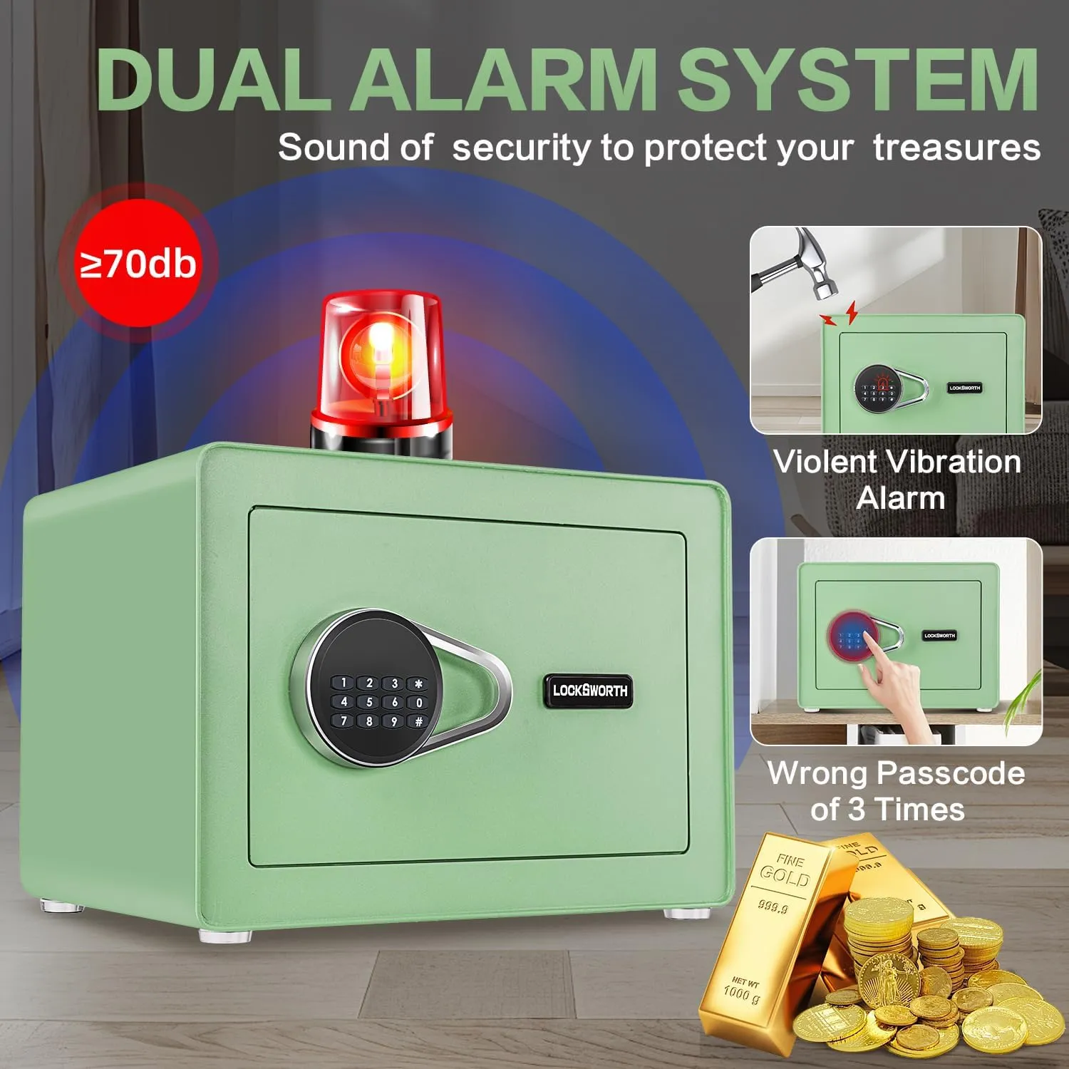 1.0 Cubic Feet Safe Box, Small Safe W/Fireproof Bag, Removable Shelf, Alarm System, Digital Electronic Security Money Box for Cash, Document, Home,Office, Hotel Use, Green，9.84"D x 13.78"W x 9.84"H