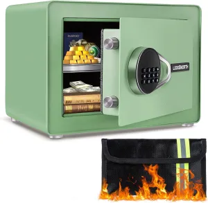 1.0 Cubic Feet Safe Box, Small Safe W/Fireproof Bag, Removable Shelf, Alarm System, Digital Electronic Security Money Box for Cash, Document, Home,Office, Hotel Use, Green，9.84"D x 13.78"W x 9.84"H