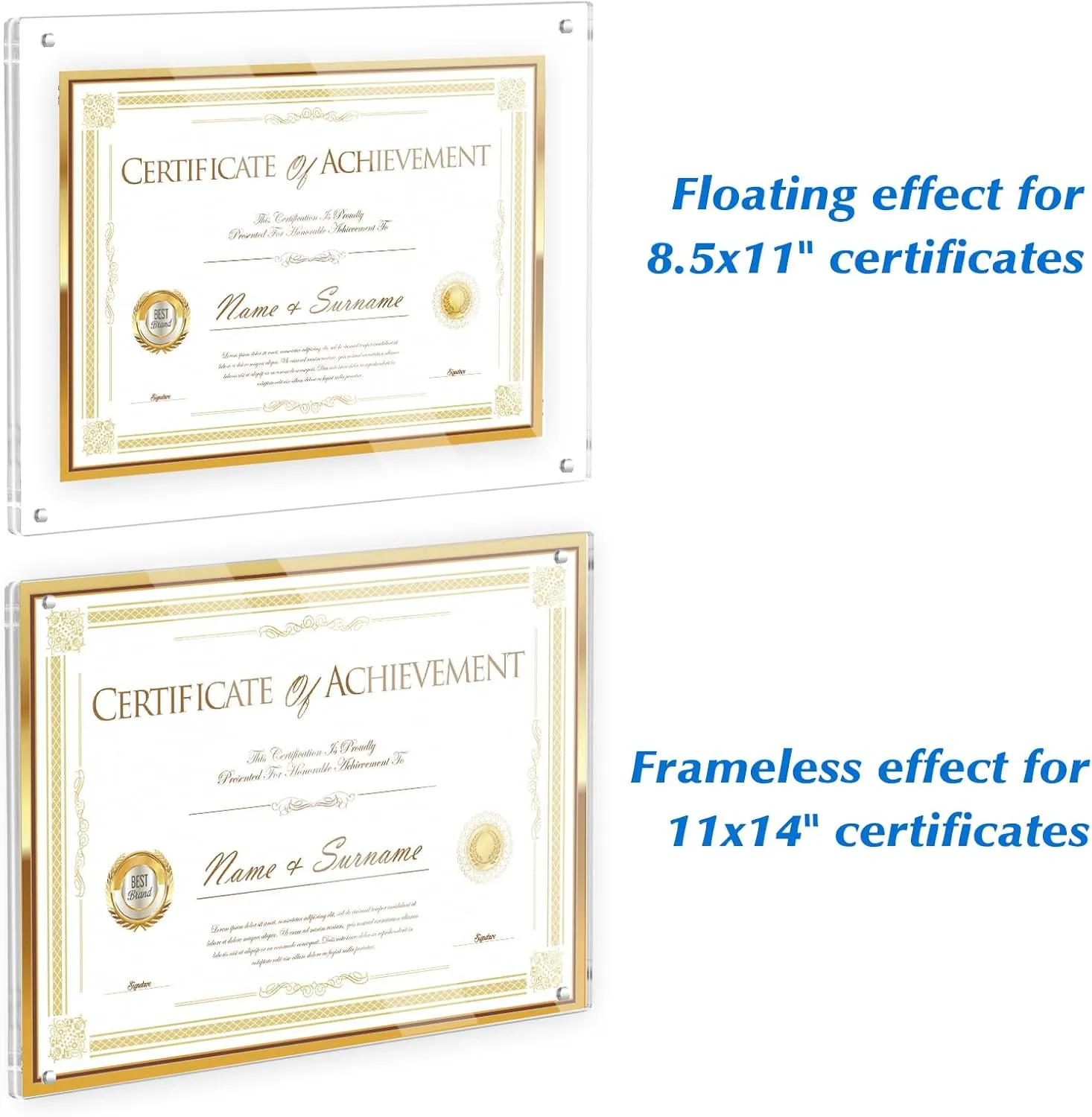 11x14 Acrylic Picture Frame, Fits 8.5x11 Picture, No Drill Wall Mounted Frameless Photo Frames, Self Adhesive Clear Magnetic Certificate Diploma Frames,Graduation Gift for Family Friends