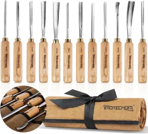 12-Pieces Woodworking Wood Carving Tools Chisel Set with Canvas Bag, Razor Sharp CR-V 60 Steel Blades