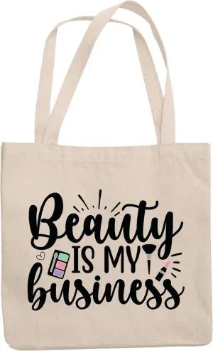 12oz Canvas Tote Bag - Beauty Is My Business with Eyeshadow Palette, Brush & Pink Lipstick Design - Beauty Themed Merch for Makeup Artist or Cosmetologist, Gift for Makeup Lovers & Beauticians