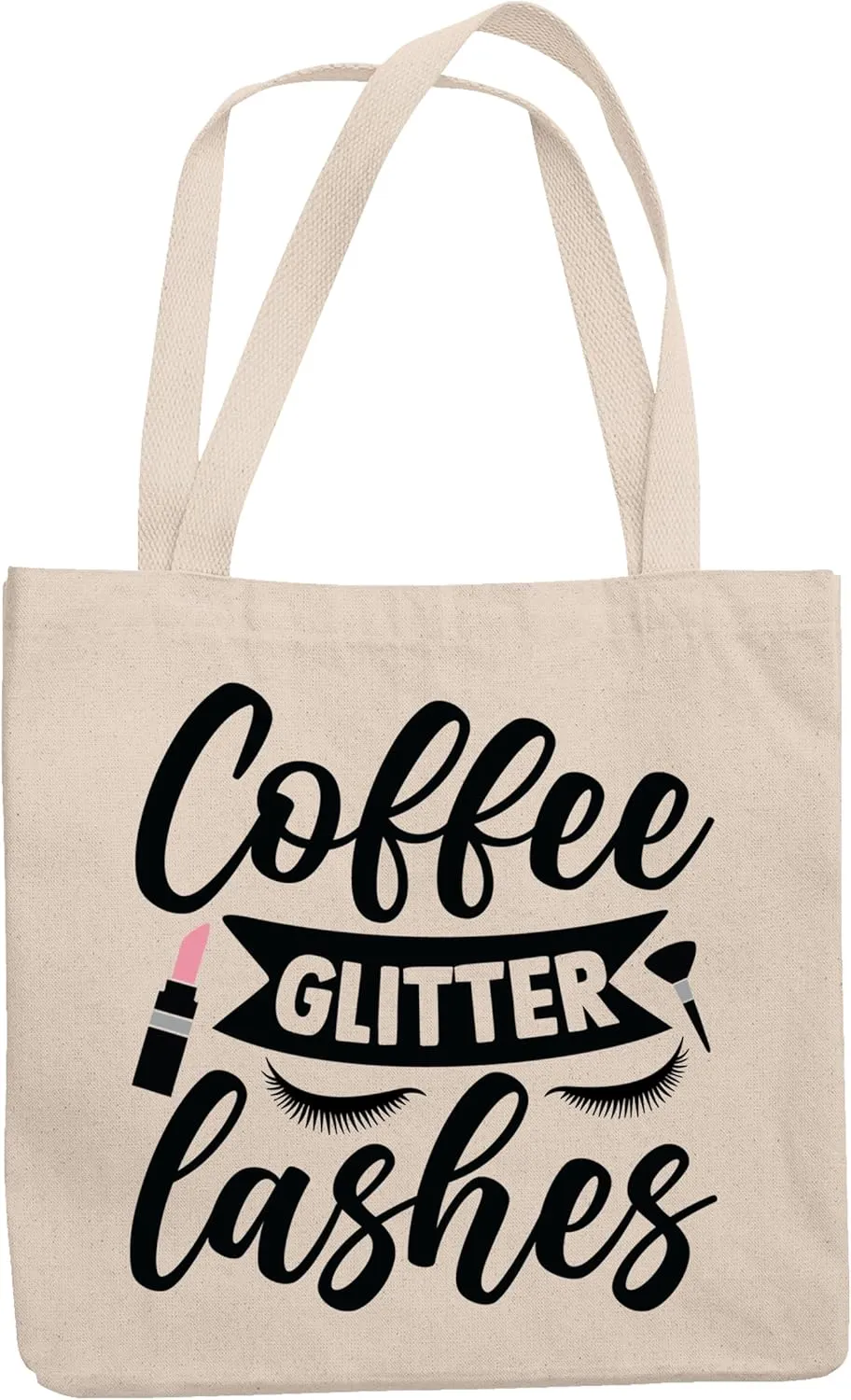 12oz Canvas Tote Bag - Coffee, Glitter, Lashes with Eyelashes, Pink Lipstick & Brush Design - Beauty Themed Merch for Makeup Artist or Cosmetologist, Gift for Makeup Lovers & Beauticians