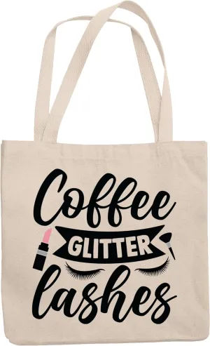 12oz Canvas Tote Bag - Coffee, Glitter, Lashes with Eyelashes, Pink Lipstick & Brush Design - Beauty Themed Merch for Makeup Artist or Cosmetologist, Gift for Makeup Lovers & Beauticians
