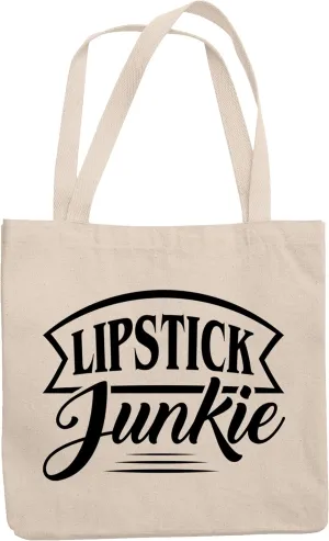 12oz Canvas Tote Bag - Lipstick Junkie, Lip Cosmetics Lover Quote - Beauty Themed Merch for Makeup Artist or Cosmetologist, Gift for Makeup Lovers & Beauticians
