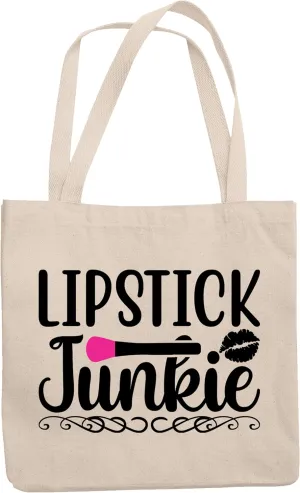 12oz Canvas Tote Bag - Lipstick Junkie with Lip Design - Beauty Themed Merch for Makeup Artist or Cosmetologist, Gift for Makeup Lovers & Beauticians