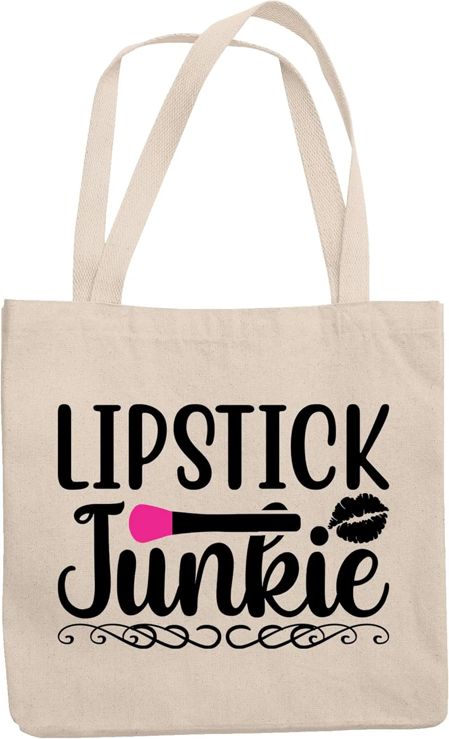 12oz Canvas Tote Bag - Lipstick Junkie with Lip Design - Beauty Themed Merch for Makeup Artist or Cosmetologist, Gift for Makeup Lovers & Beauticians