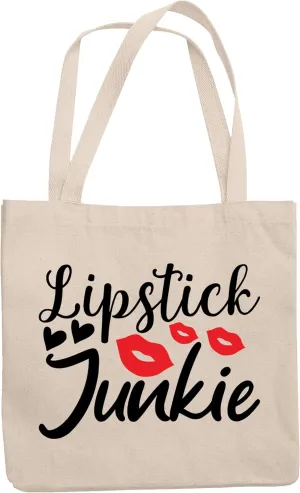 12oz Canvas Tote Bag - Lipstick Junkie with Red Lips and Hearts Design - Beauty Themed Merch for Makeup Artist or Cosmetologist, Gift for Makeup Lovers & Beauticians