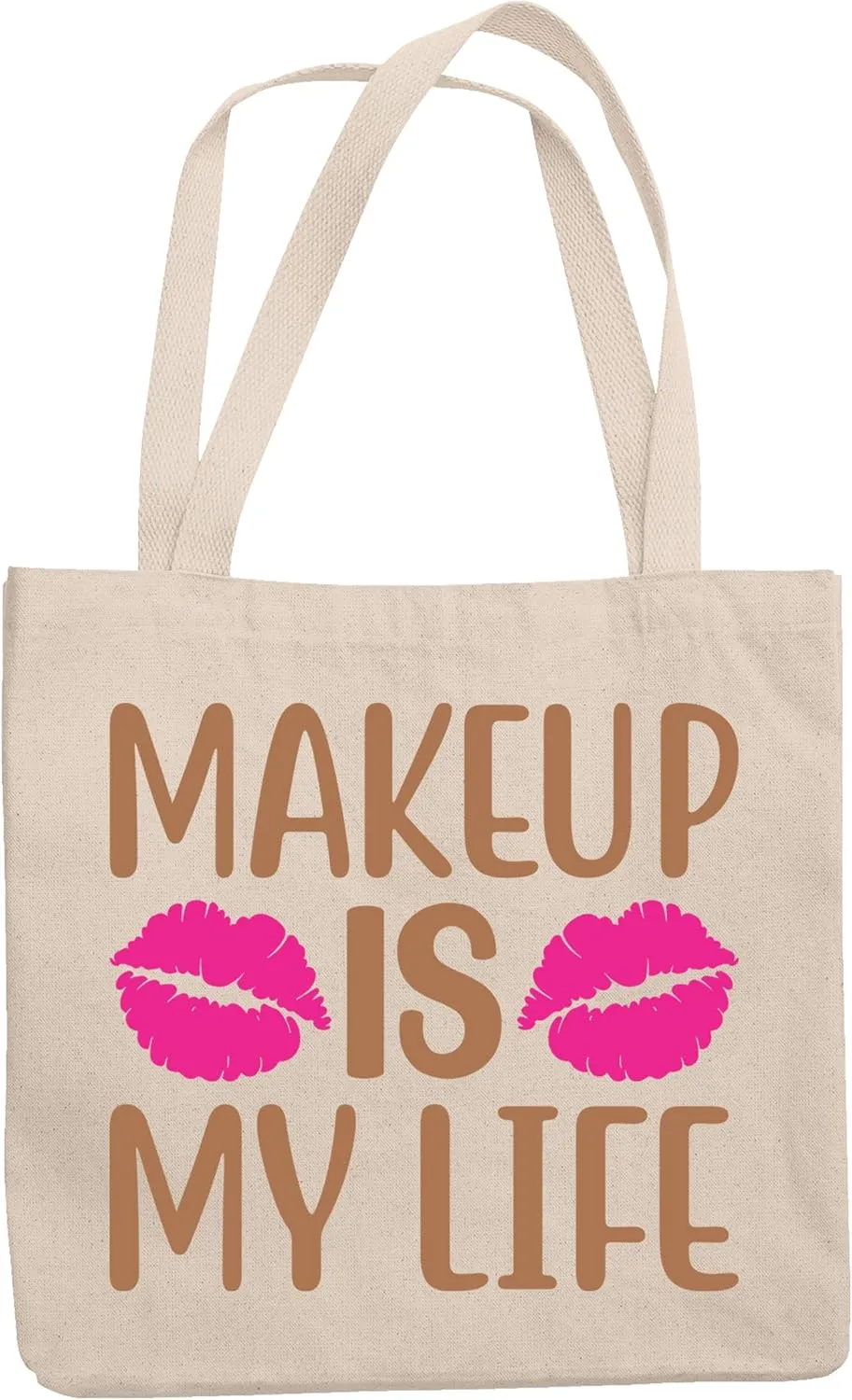 12oz Canvas Tote Bag - Makeup Is My Life with Pink Lipstick Marks Design - Beauty Themed Merch for Makeup Artist or Cosmetologist, Gift for Makeup Lovers & Beauticians