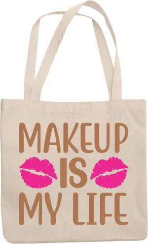 12oz Canvas Tote Bag - Makeup Is My Life with Pink Lipstick Marks Design - Beauty Themed Merch for Makeup Artist or Cosmetologist, Gift for Makeup Lovers & Beauticians