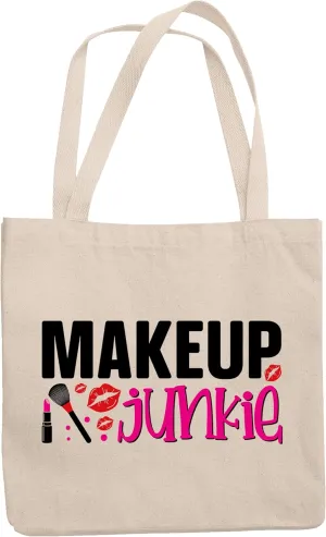 12oz Canvas Tote Bag - Makeup Junkie with Pink Lipstick, Powder Brush & Lips Design - Beauty Themed Merch for Makeup Artist or Cosmetologist, Gift for Makeup Lovers & Beauticians