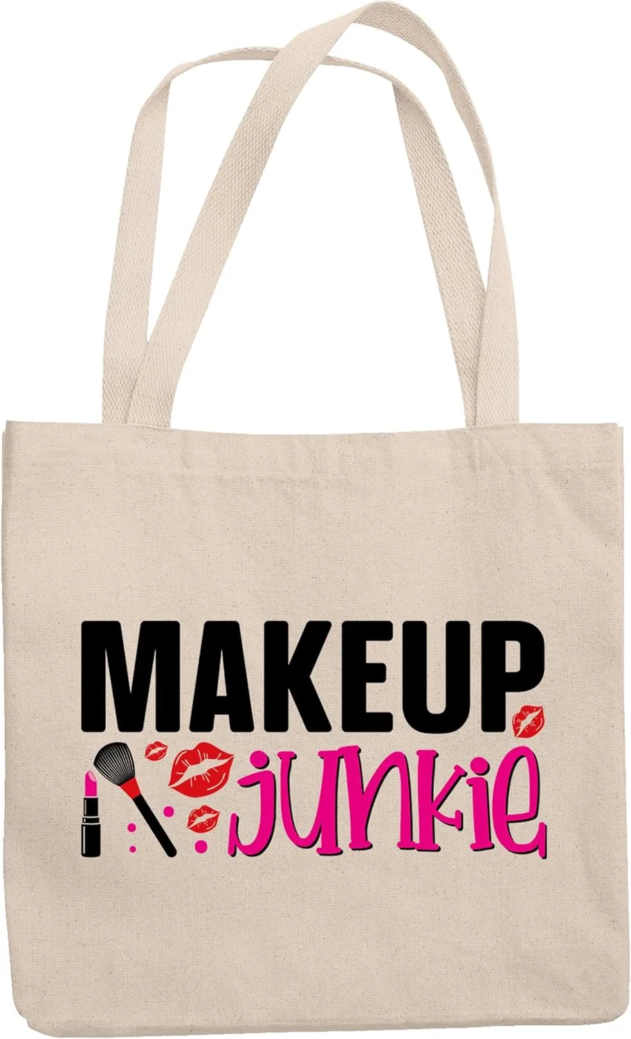 12oz Canvas Tote Bag - Makeup Junkie with Pink Lipstick, Powder Brush & Lips Design - Beauty Themed Merch for Makeup Artist or Cosmetologist, Gift for Makeup Lovers & Beauticians