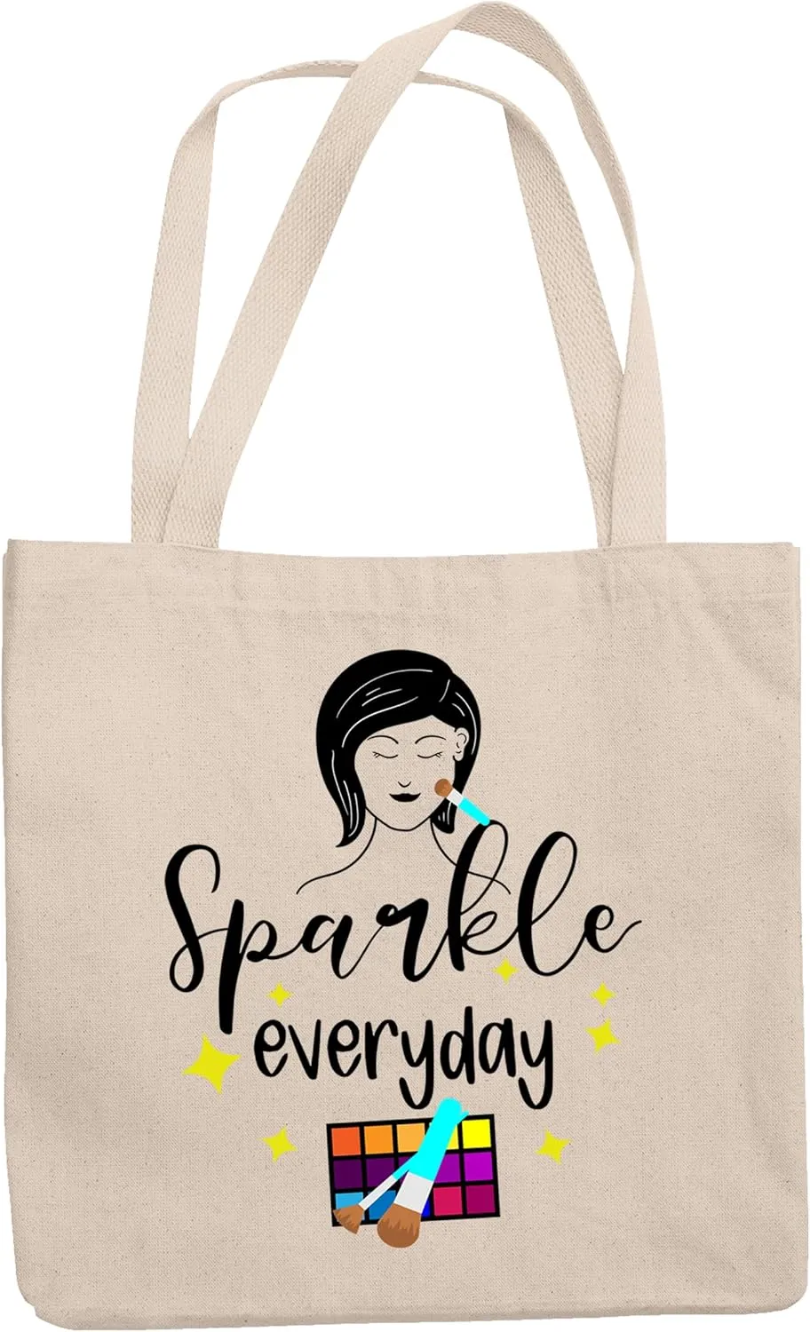 12oz Canvas Tote Bag - Sparkle Everyday with Eyeshadow Palette, Brushes & Woman Design - Beauty Themed Merch for Makeup Artist or Cosmetologist, Gift for Makeup Lovers & Beauticians