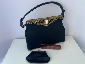 1950s AFTER FIVE Black Satin Cameo Handbag