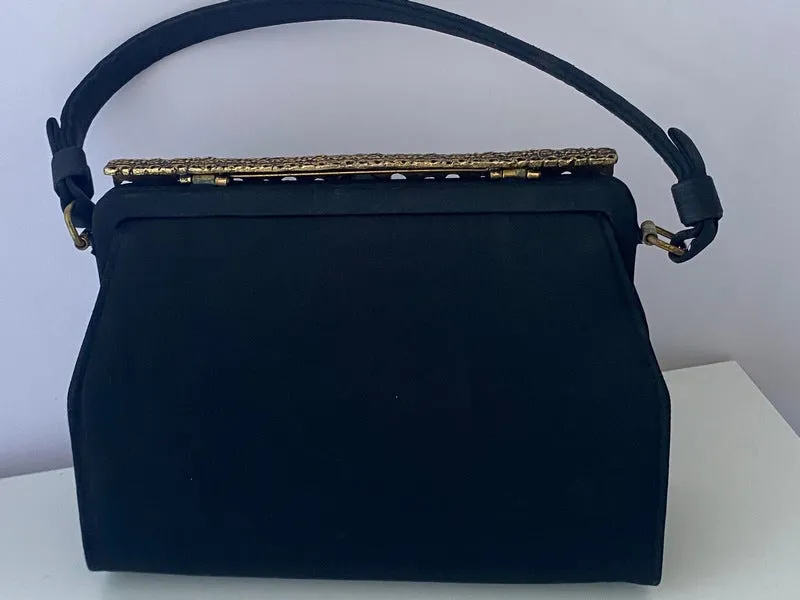 1950s AFTER FIVE Black Satin Cameo Handbag
