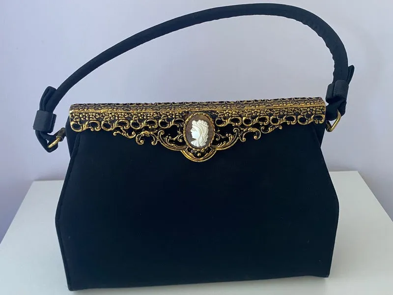 1950s AFTER FIVE Black Satin Cameo Handbag