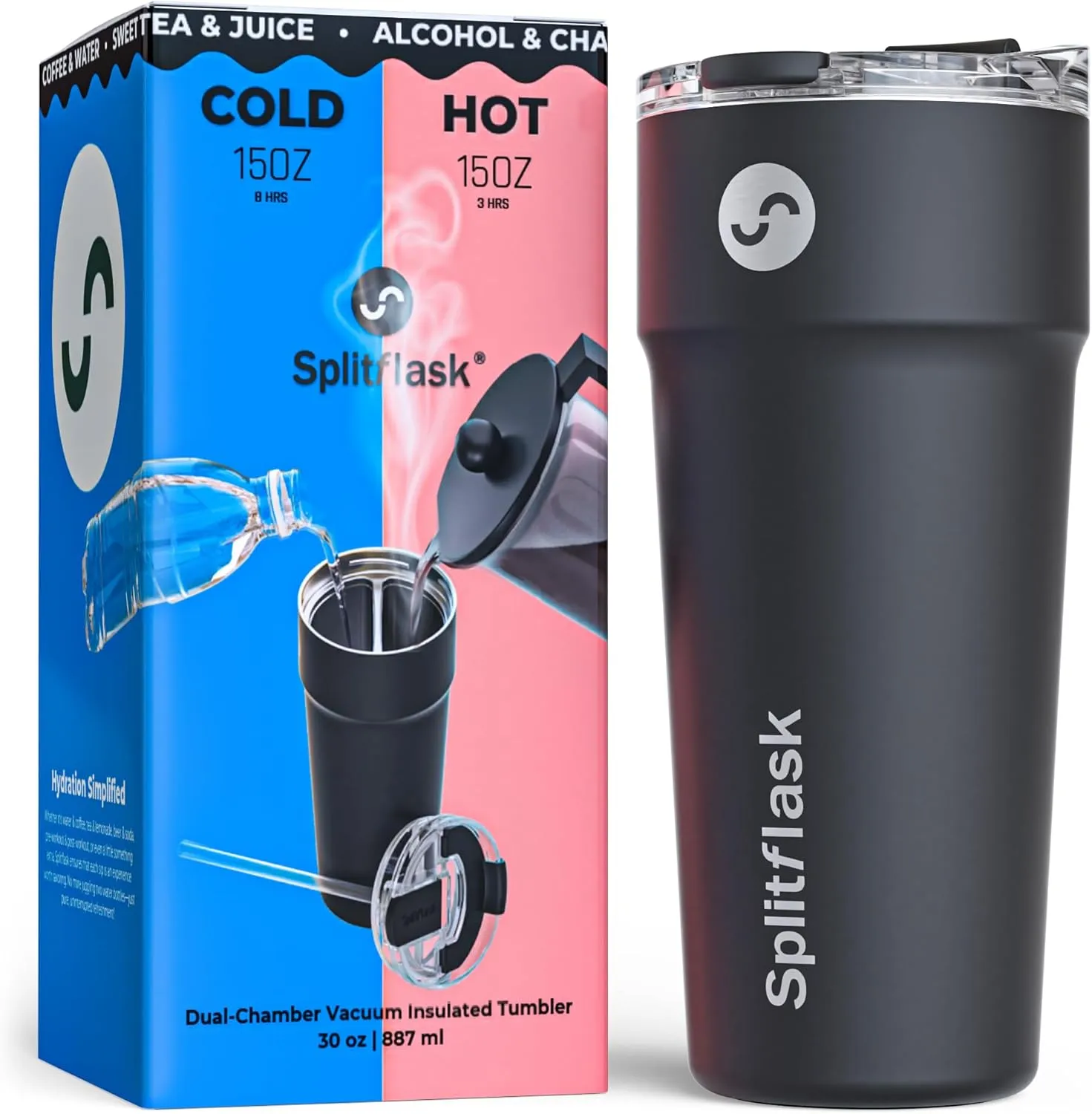 2-in-1 Hot & Cold Vacuum Insulated 30oz Tumbler, Stainless Steel, Dual Chamber, Leak-Proof, BPA-Free, Split Cup, 2 Drink, 2 Sides, Cup Holder Friendly, Coffee & Water (Hartley Black)
