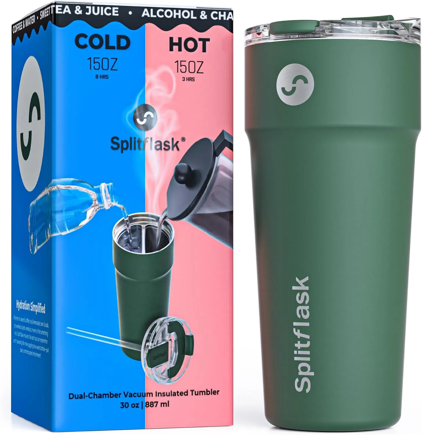 2-in-1 Hot & Cold Vacuum Insulated 30oz Tumblers, Stainless Steel Dual Chamber, Leak-Proof, BPA-Free, Fits Cup Holder, Travel Coffee Mug, Split Cup, 2 Drink, 2 Sides, Coffee & Water (Guy Green)
