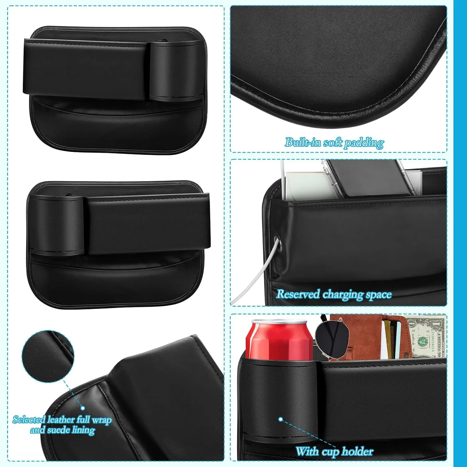 2 Pack Car Seat Gap Filler Organizer Car Leather Cup Holder Gap Bag Seat Gap Storage Box Car Organizer Accessories for Phones Glasses Keys Cards(Black Driver and Passenger)