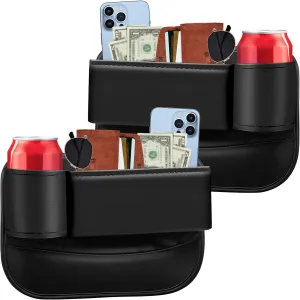 2 Pack Car Seat Gap Filler Organizer Car Leather Cup Holder Gap Bag Seat Gap Storage Box Car Organizer Accessories for Phones Glasses Keys Cards(Black Driver and Passenger)