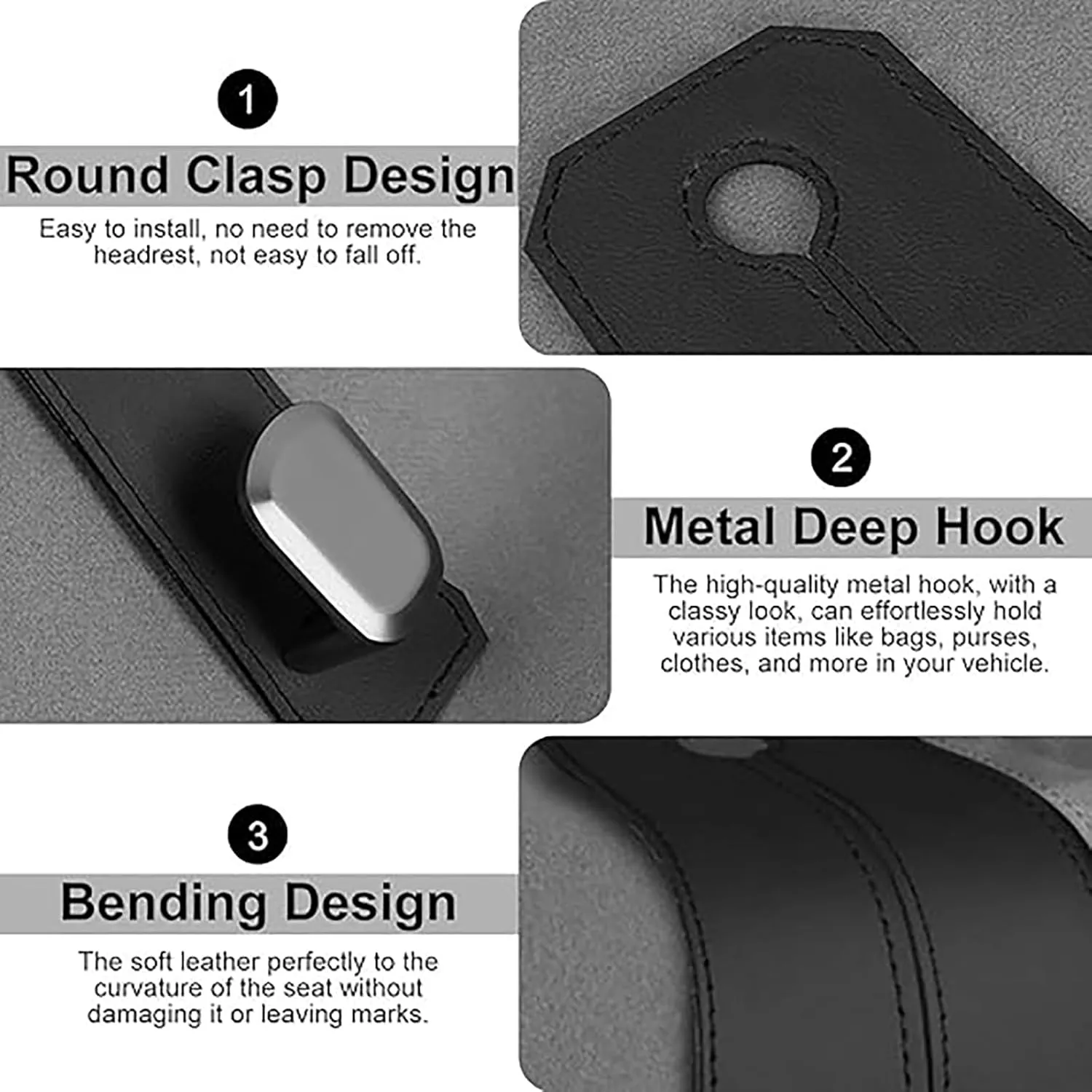 2 Pack Car Seat Headrest Hook for Suzuki Aerio Ciaz Equator Esteem Forenza Grand, Leather Purse Hook for Car Hooks for Headrest Seat Back Storage Organization Accessories,A/Black