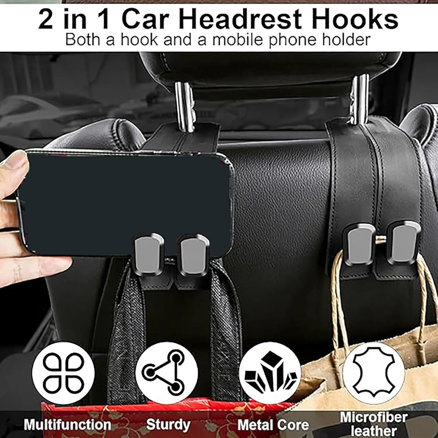 2 Pack Car Seat Headrest Hook for Suzuki Aerio Ciaz Equator Esteem Forenza Grand, Leather Purse Hook for Car Hooks for Headrest Seat Back Storage Organization Accessories,A/Black