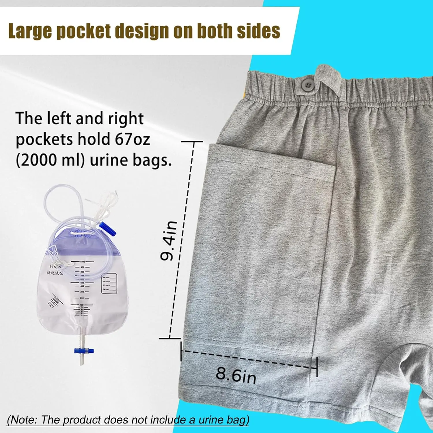 2 Pack Nephrostomy Bag Shorts, Urine Bag Pants, Catheter Bag Pants for Ostomy Drainage Bag, Elderly, Incontinence Care (Grey, Medium)
