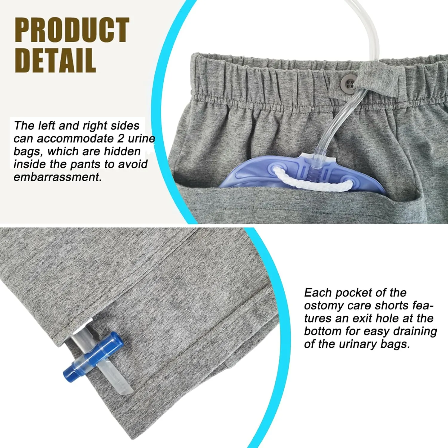 2 Pack Nephrostomy Bag Shorts, Urine Bag Pants, Catheter Bag Pants for Ostomy Drainage Bag, Elderly, Incontinence Care (Grey, Medium)