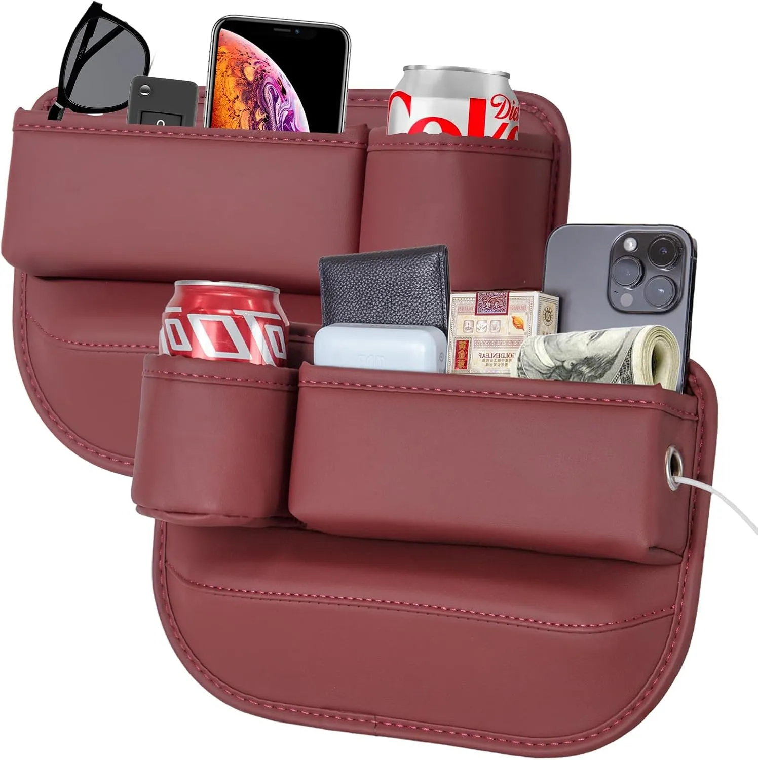 2 Packs Car Seat Gap Filler Organizer, Car Seat Organizer, Seat Gap Storage Box with Cup Holders for Drink, Car Leather Cup Holder Gap Bag Front Seat for Holding Phone, Sunglasses,Keys, cards(Red)