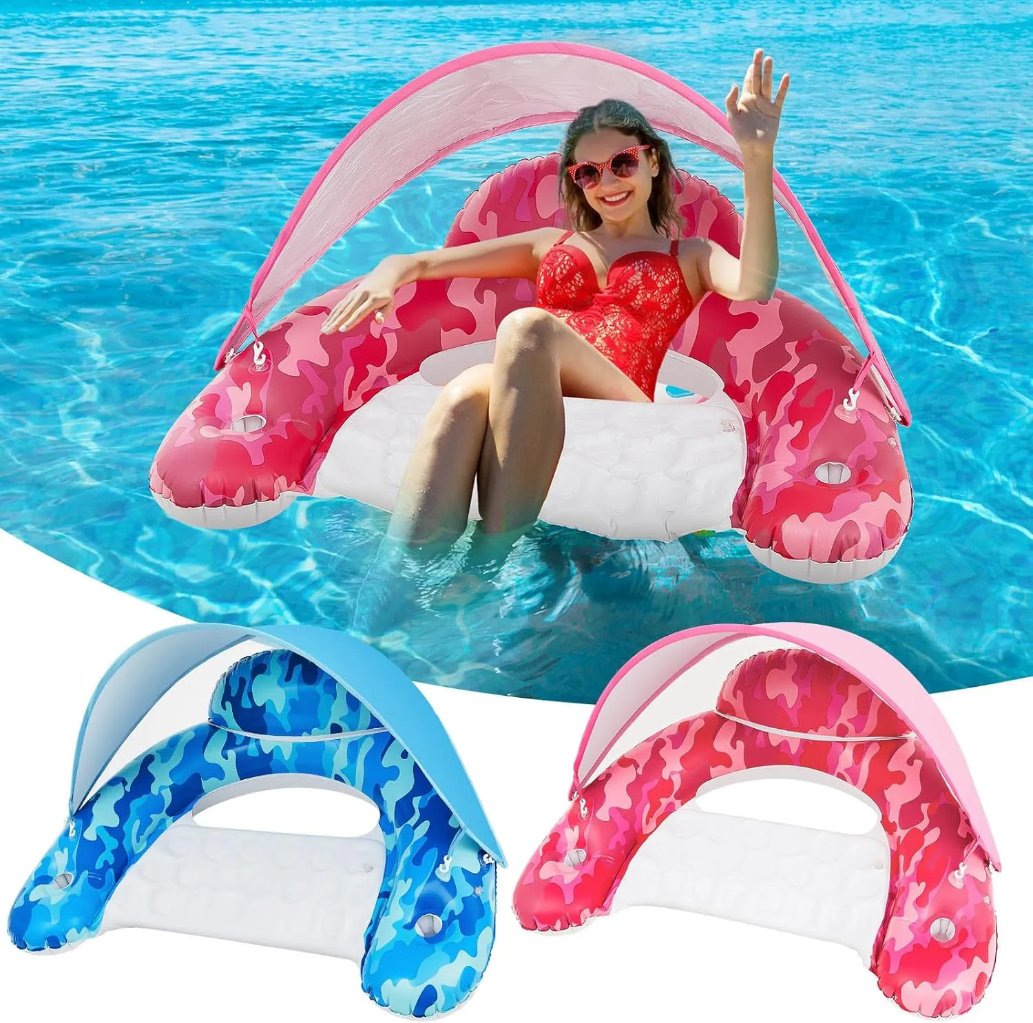 2 Pcs Pool Float with Canopy Adult XL Lounge Float with Adjustable Sun Shade Cover Drink Holder Headrest Blue and Pink Ifor Adult Summer Party Water Fun