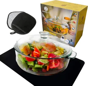 2 Quart Round Glass Casserole Dish with Lid – Comes with Heat-Resistant Silicone Mat & 2 Pot Holders, Simplify Your Kitchen Routine, Durable & Versatile for All Meals
