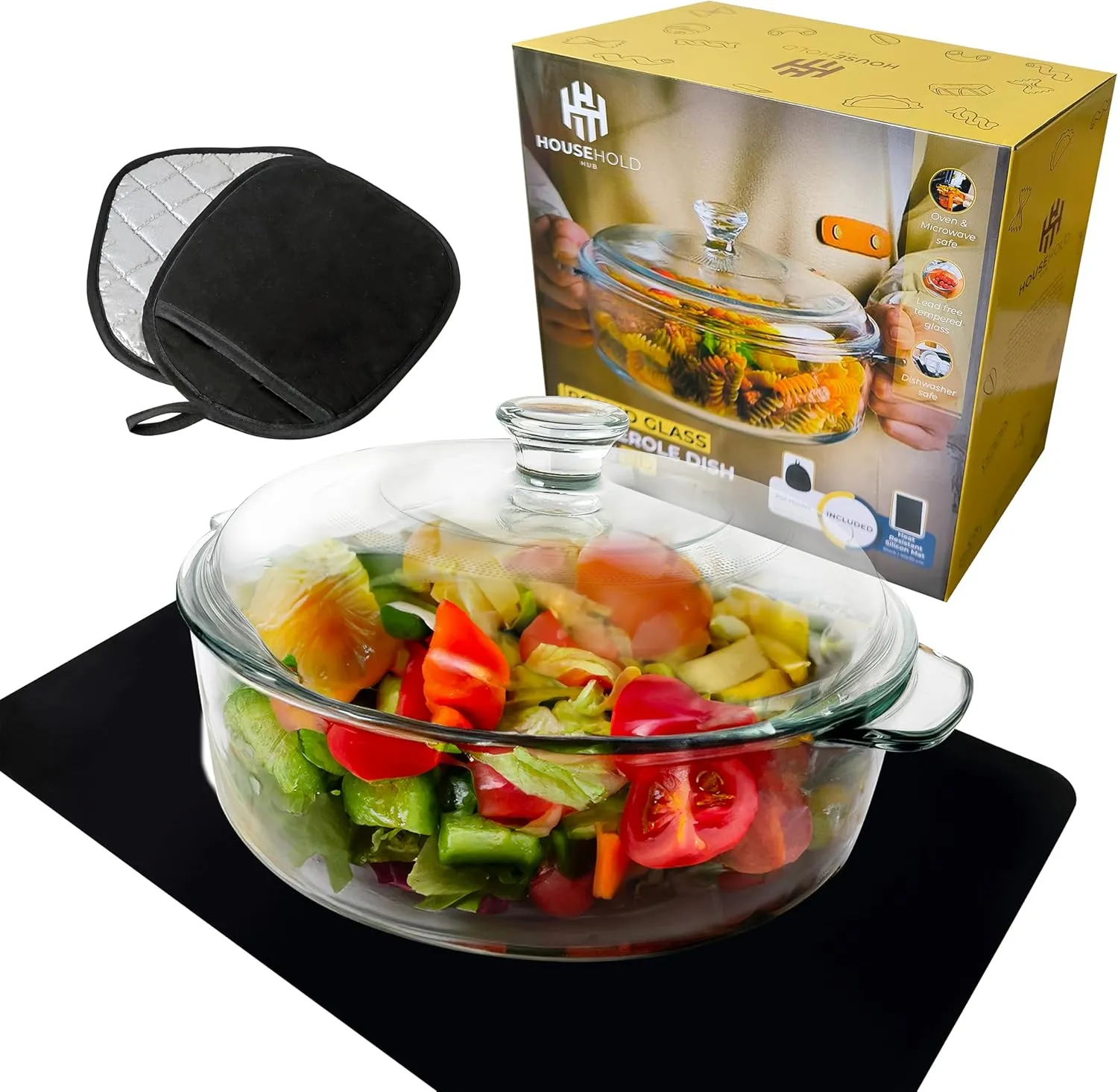 2 Quart Round Glass Casserole Dish with Lid – Comes with Heat-Resistant Silicone Mat & 2 Pot Holders, Simplify Your Kitchen Routine, Durable & Versatile for All Meals