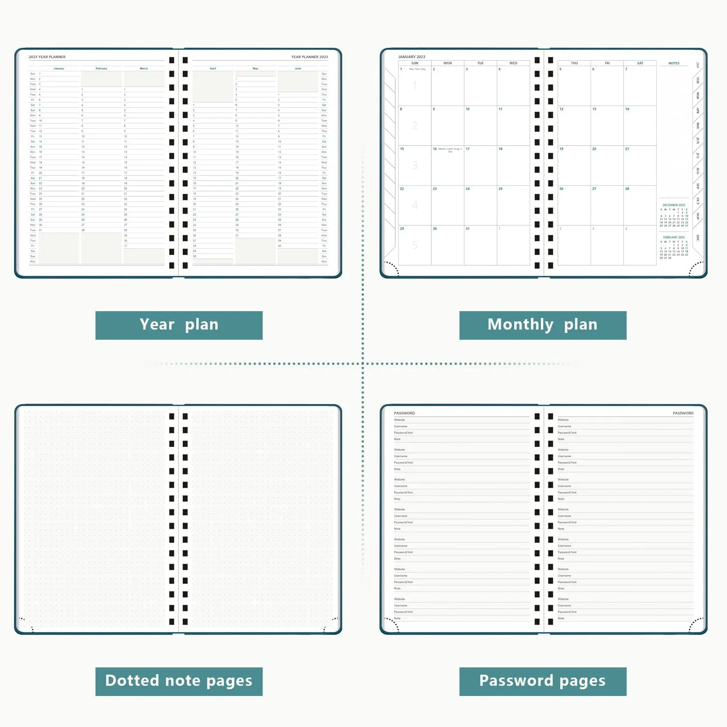 2023 Planner by BEZEND, A5 Calendar 5.8" x 8.5", Daily Weekly and Monthly Agenda,Spiral Bound,FSC Certified 100GSM Paper, Vegan Leather Soft Cover - Pacific Green