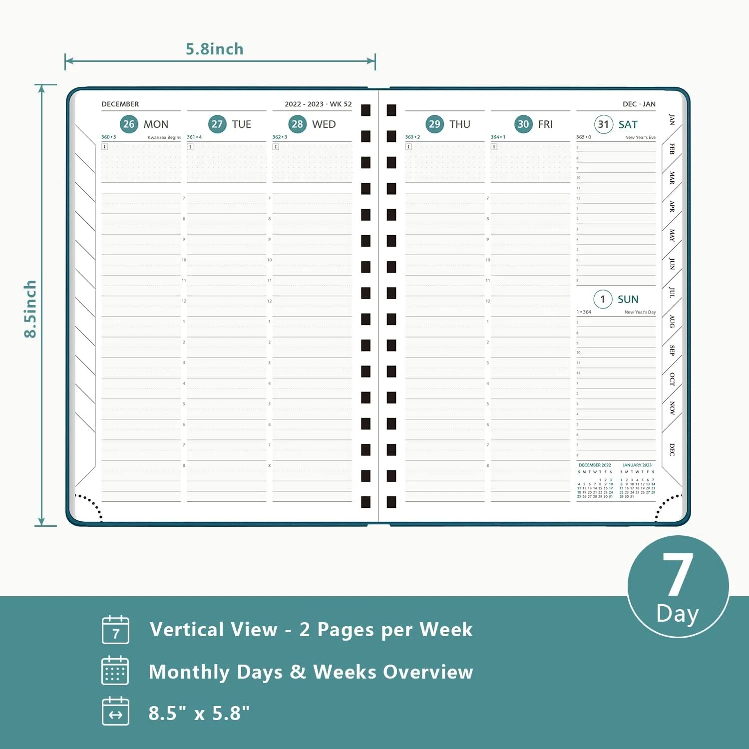 2023 Planner by BEZEND, A5 Calendar 5.8" x 8.5", Daily Weekly and Monthly Agenda,Spiral Bound,FSC Certified 100GSM Paper, Vegan Leather Soft Cover - Pacific Green