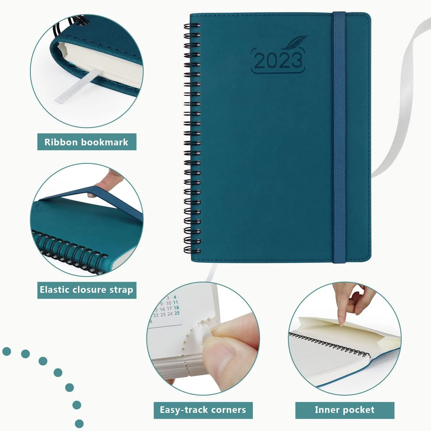 2023 Planner by BEZEND, A5 Calendar 5.8" x 8.5", Daily Weekly and Monthly Agenda,Spiral Bound,FSC Certified 100GSM Paper, Vegan Leather Soft Cover - Pacific Green