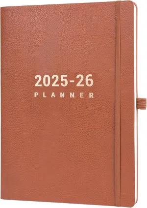 2025-2026 Planner - July 2025 - June 2026, Planner 2025-2026 Daily Weekly and Monthly, 8.5" x 11", Pen Holder, Calendar Stickers, Pocket, 25 Notes Pages, Faux Leather Cover, A4 Premium Paper - Brown