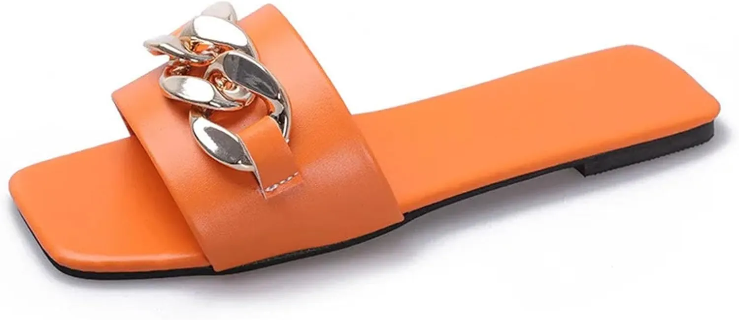 2025 Summer Flat Slippers For Women Fashionable Metal Chain Slippers Trendy Thick Chain Hand-Held Small Square Bag Set