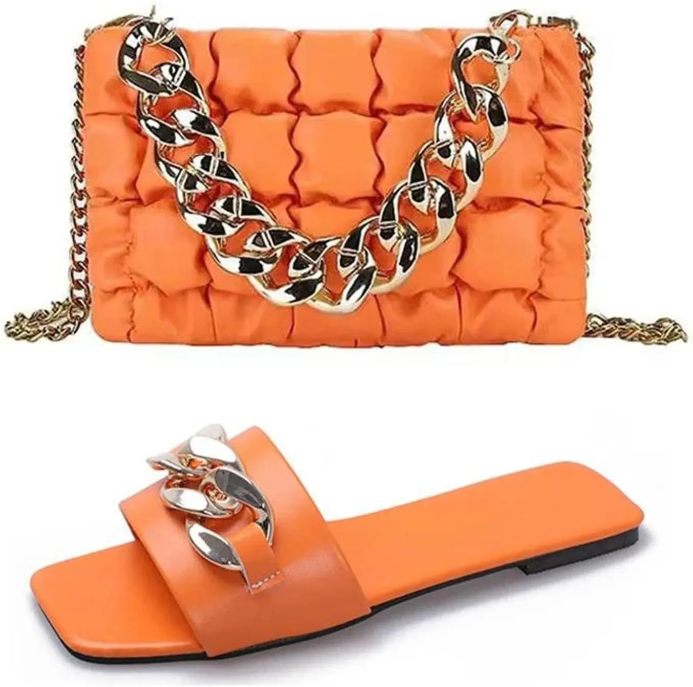 2025 Summer Flat Slippers For Women Fashionable Metal Chain Slippers Trendy Thick Chain Hand-Held Small Square Bag Set