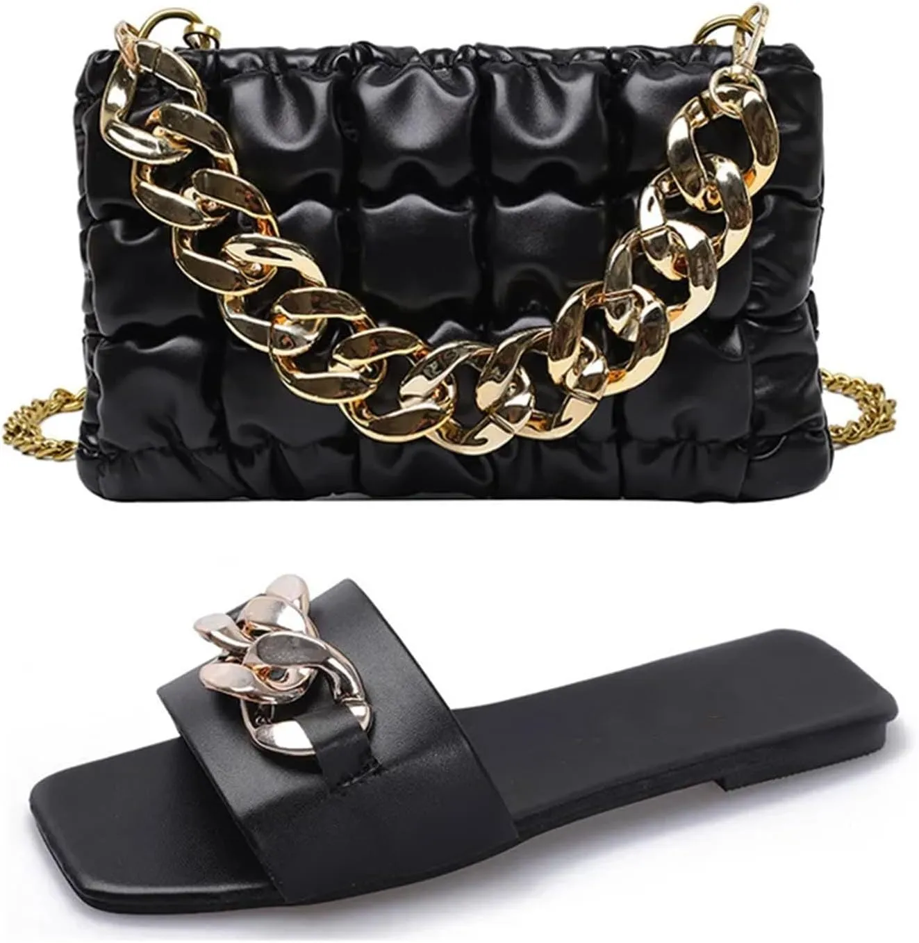 2025 Summer Flat Slippers For Women Fashionable Metal Chain Slippers Trendy Thick Chain Hand-Held Small Square Bag Set