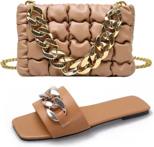 2025 Summer Flat Slippers For Women Fashionable Metal Chain Slippers Trendy Thick Chain Hand-Held Small Square Bag Set