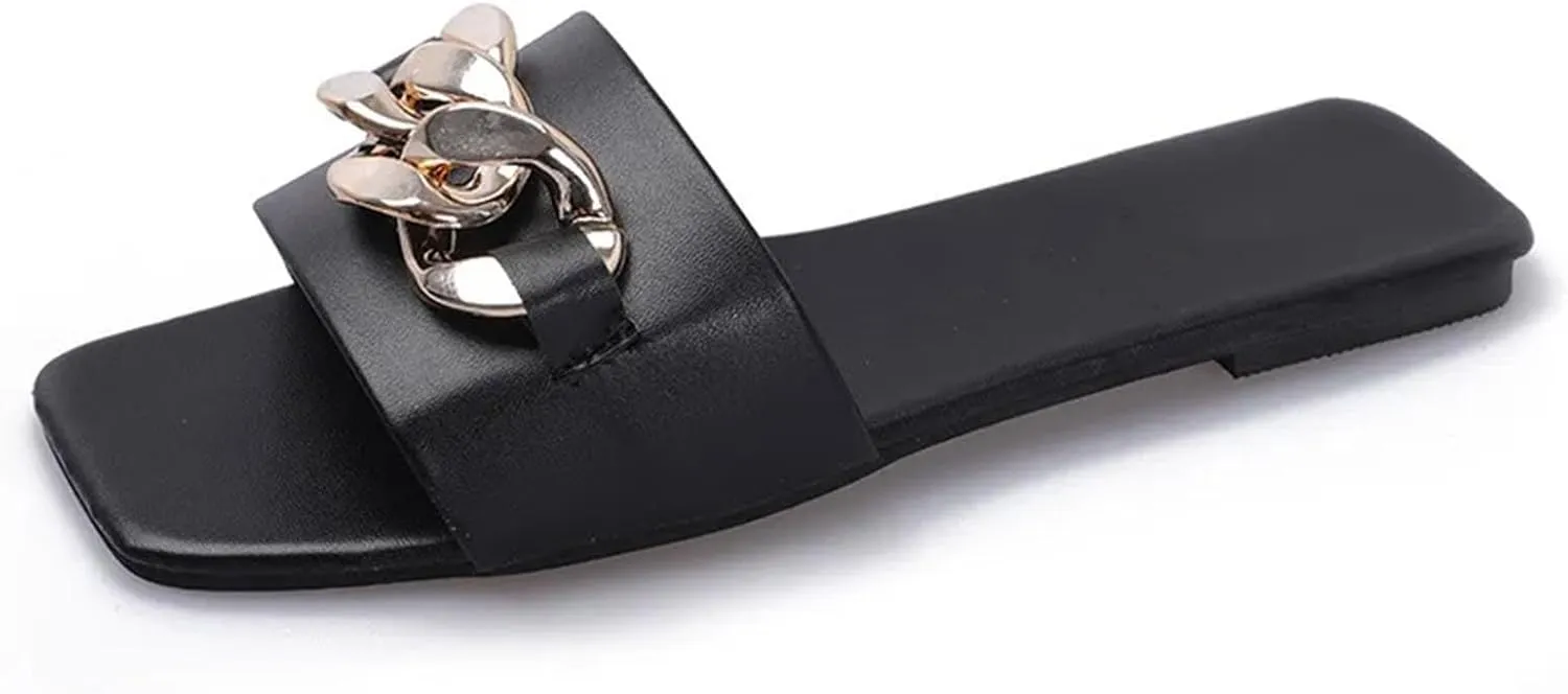 2025 Summer Flat Slippers For Women Fashionable Metal Chain Slippers Trendy Thick Chain Hand-Held Small Square Bag Set