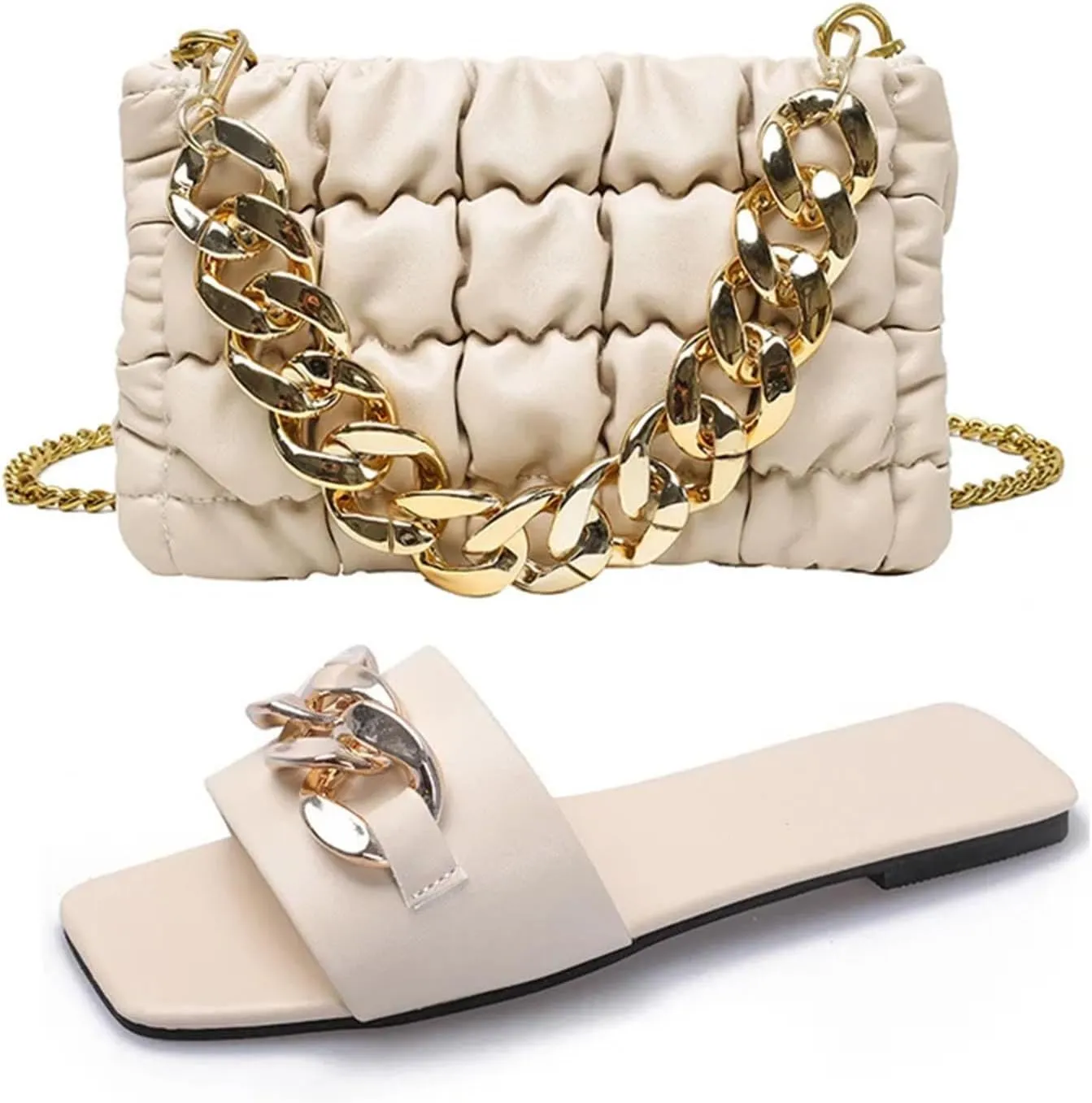 2025 Summer Flat Slippers For Women Fashionable Metal Chain Slippers Trendy Thick Chain Hand-Held Small Square Bag Set