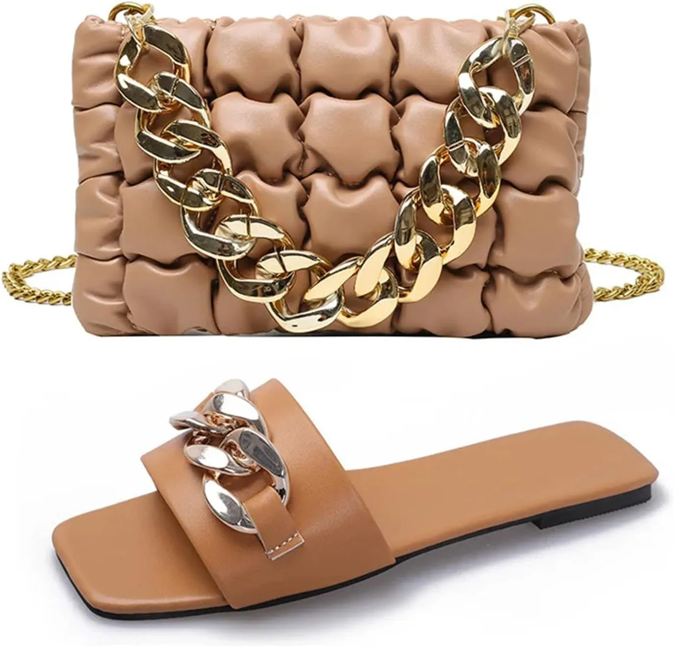 2025 Summer Flat Slippers For Women Fashionable Metal Chain Slippers Trendy Thick Chain Hand-Held Small Square Bag Set