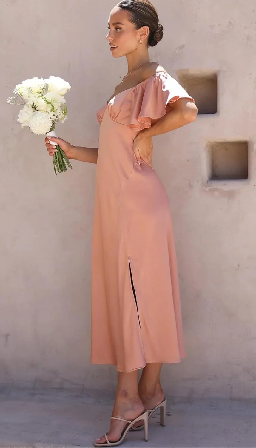 2025 Summer Women's Satin Off Shoulder Formal Dress Wedding Guest Elegant Butterfly Sleeve Split Cocktail Prom Midi Dresses