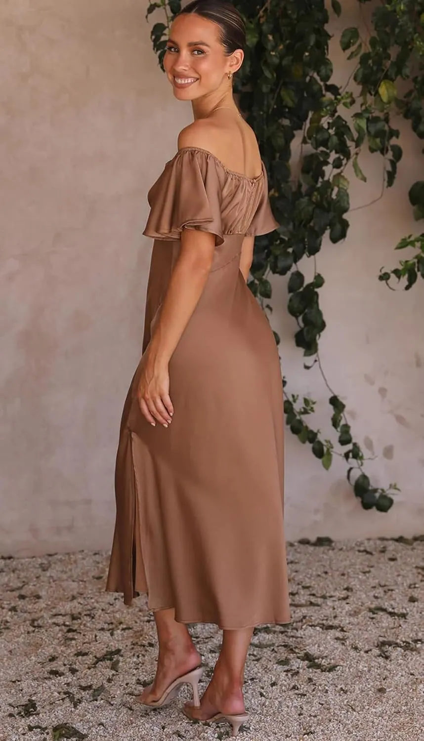 2025 Summer Women's Satin Off Shoulder Formal Dress Wedding Guest Elegant Butterfly Sleeve Split Cocktail Prom Midi Dresses