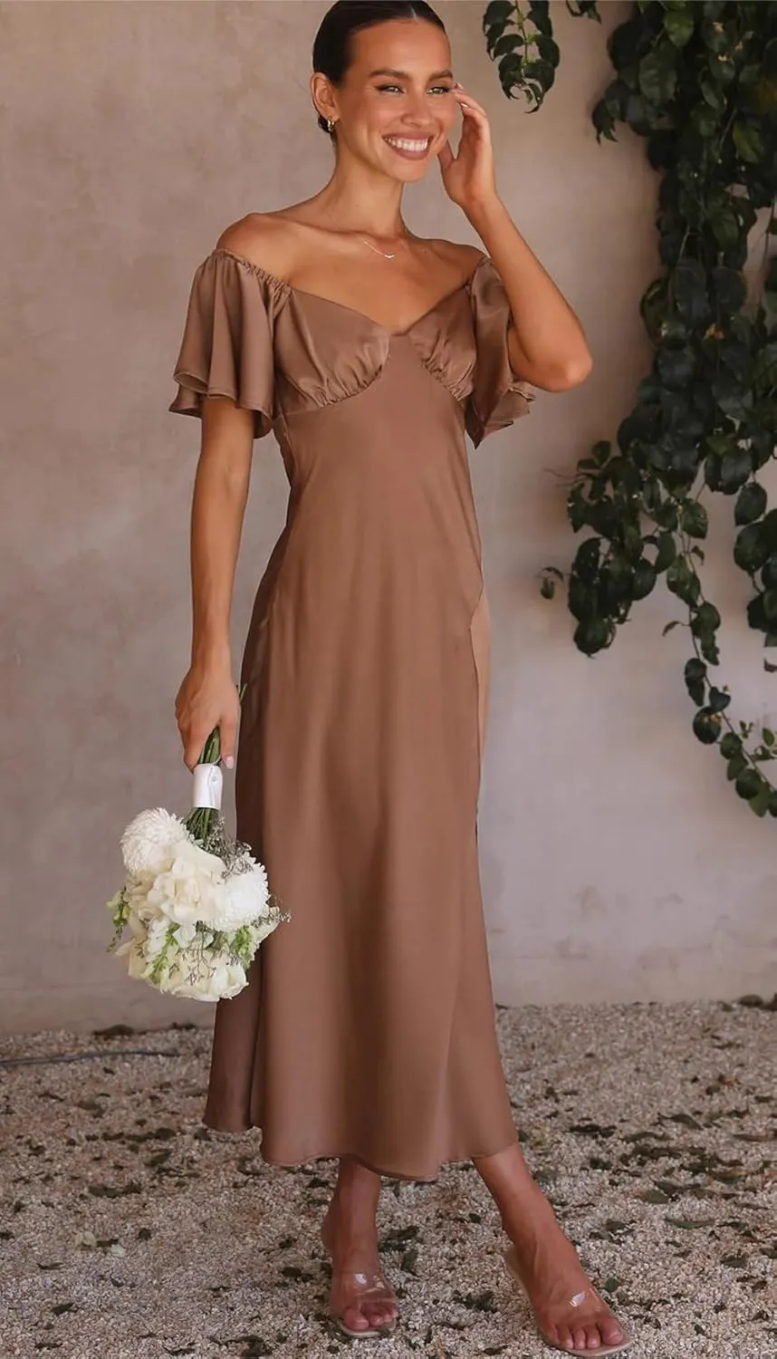 2025 Summer Women's Satin Off Shoulder Formal Dress Wedding Guest Elegant Butterfly Sleeve Split Cocktail Prom Midi Dresses