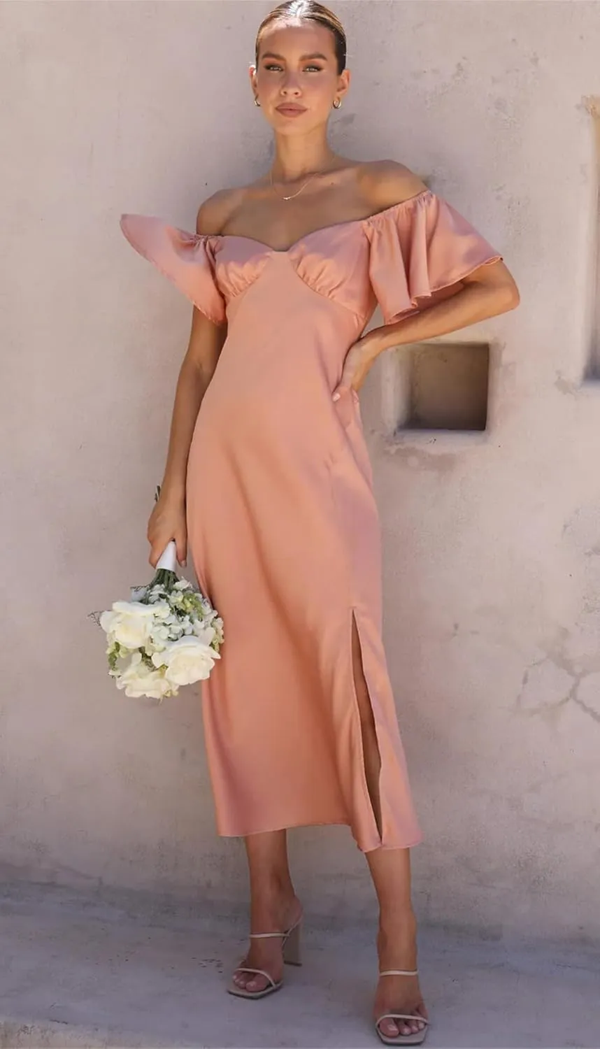 2025 Summer Women's Satin Off Shoulder Formal Dress Wedding Guest Elegant Butterfly Sleeve Split Cocktail Prom Midi Dresses