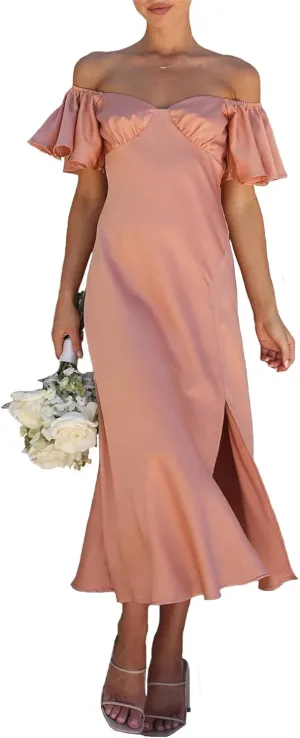 2025 Summer Women's Satin Off Shoulder Formal Dress Wedding Guest Elegant Butterfly Sleeve Split Cocktail Prom Midi Dresses